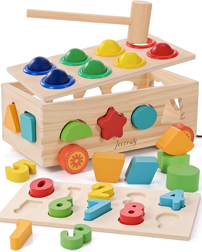 Jessruly Shape Sorter - Wooden Pound A Ball and Montessori Number Puzzle Set for Babies - Educational Sorting Game with Storage Car for Toddlers