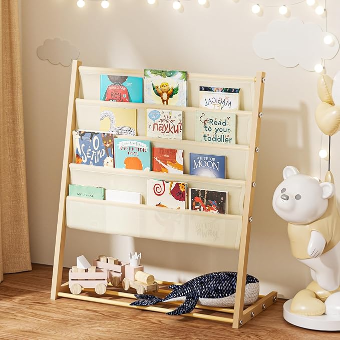 JAQ Kids Bookshelf for Small Space, 4-Tier Fabric Covered Woodgrain Metal Kid Book Shelf Rack Storage Organizer for Toddler Baby in Classroom Playroom Nursery Decor (30.71 inch，Yellow)