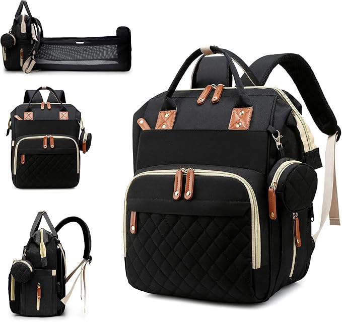 Lamroro Diaper Bag with Changing Station, Waterproof 3 in 1 Baby Diaper Backpack with Foldable Changing Pad, Large Travel Back Pack for Baby Girl Boy, Baby essentials, Black