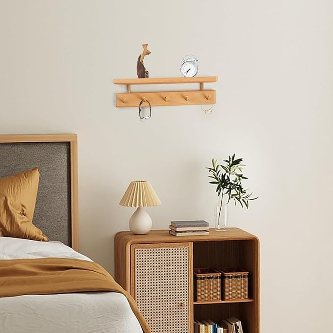 Mayhas Solid Wood Shelf with Hooks, 15 inch Coat Rack Wall Mount, Shelves with 5 Brass Hooks for Hanging in Entryway, Living Room, Bathroom, Bedroom, Kitchen(Beechwood)
