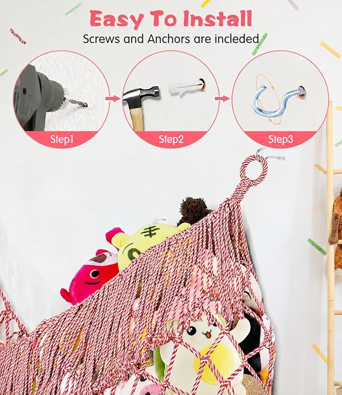 Stuffed Animal Hammock - Extra Large 63'' Long, Stuffed Animal Storage, stuffed animal Holder net, Hammock Large, Storage Hanging Organizer - red-white