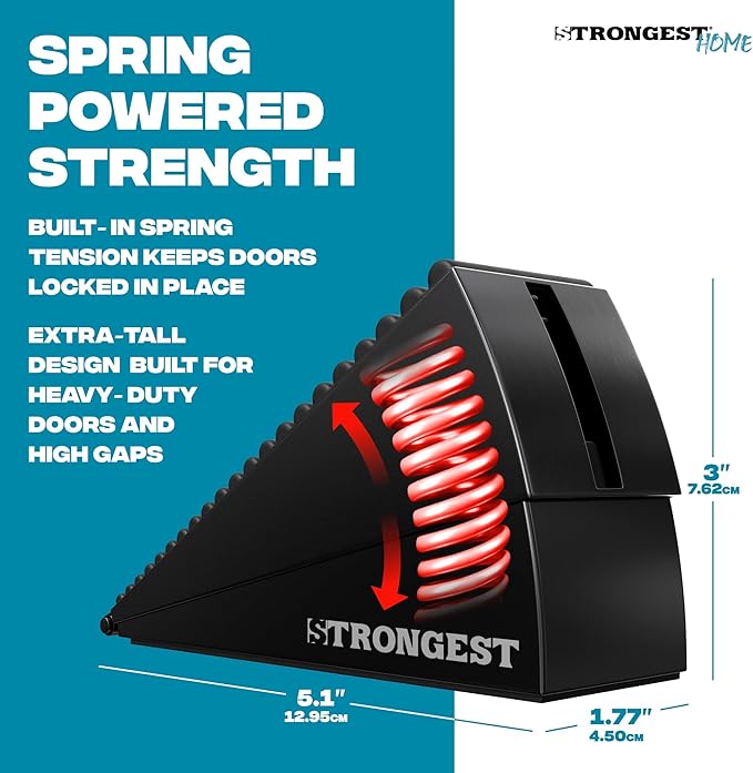 Strongest Home XL Adjustable Door Stopper with Spring – Heavy Duty Wedge for Oversized, Thick & Heavy Doors, Anti-Slip Rubber Grip, for Commercial, Home & Outdoor Use on Carpet, Wood & Tile - Black