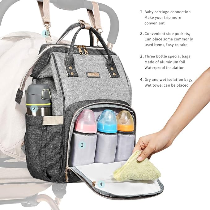 GAIVP Diaper Bag Backpack for Women, Baby Bags for Girls,Diaper Bag with Changing Pad, and Insulated Pockets (Dark Grey +Light Grey)