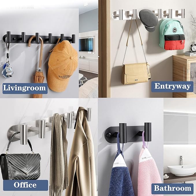Coat Hook Rack, Wall Mounted Coat Rack with 4 Hooks, Heavy Duty Towel Hooks Rack Wall Hooks for Hanging Clothes Jacket, Stainless Steel Coat Hanger for Bathroom Entryway Mudroom(Matte Black)