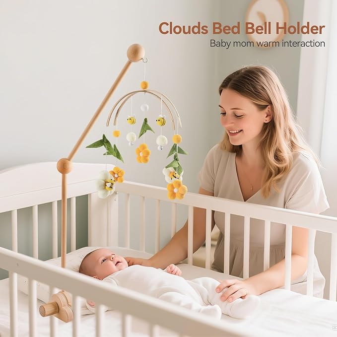 OESSUF Baby Crib Mobile Arm, 24 Inch Adjustable Wood Hanger, White Cloud Design, Nursery Mobile Holder for Cot Bed (Wooden)