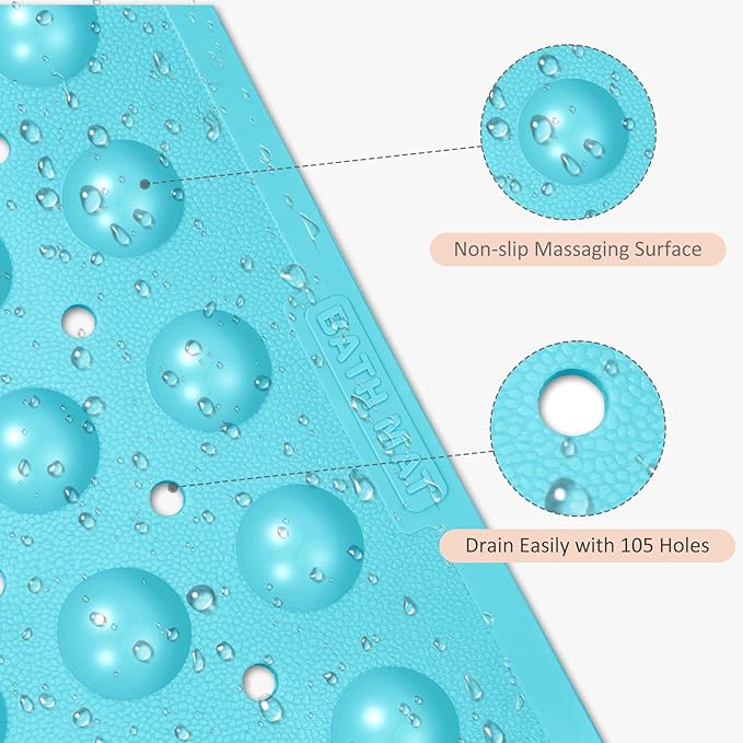 WarmSnow Non Slip Shower Mats for Inside Shower 15 x 27.5 Inch, TPE Bathtub Mat Non-Slip, Bath Mat for Tub with Suction Cups, Drain Holes Bath Tub Mat for Bathroom, Blue