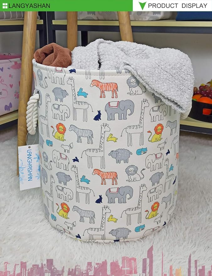 LANGYASHAN Laundry Basket Canvas Collapsible Organizer Storage Basket for Boys Girls Laundry Hamper Toy Bins Gift Baskets Bedroom Clothes Children Nursery (Animal)