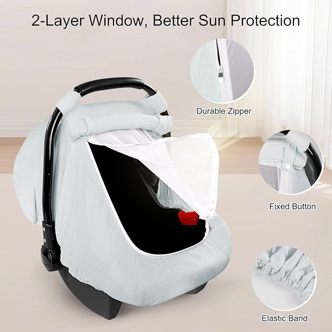 Muslin Car Seat Covers for Babies, Summer Baby Car Seat Cover for Boys Girls with Breathable Window, Lightweight Infant Car Seat Canopy, Gray