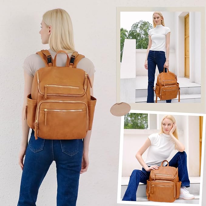 Omanmoli Diaper Bag Backpack Large Baby Diaper Bag Leather with 17 Diaper Bag Organizing Pouches,Changing Pad,Stroller Straps,4 Insulated Pockets,Honey
