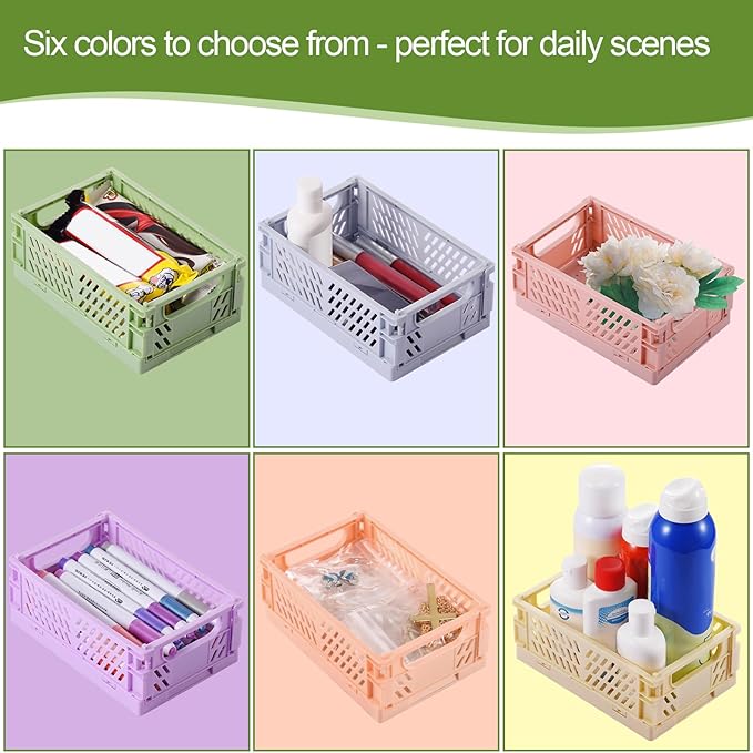 HUUSMOT 6-Pack Small Pastel Plastic Storage Baskets, Collapsible Crates for Organizing, Space-Saving Mini Bins for Classroom, Kitchen, Office, Bedroom (5.9" x 3.8" x 2.2")
