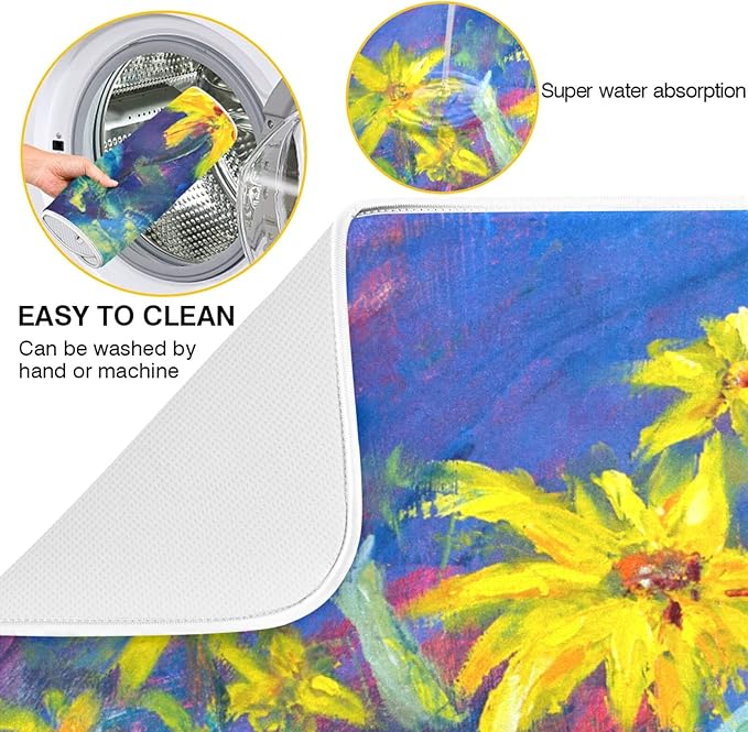 Absorbent Dish Drying Mat for Kitchen Counter - Oil Painting Flowers Microfiber Drying Pad, Reversible Drainer Mats for Countertop, Small 16" x 18"