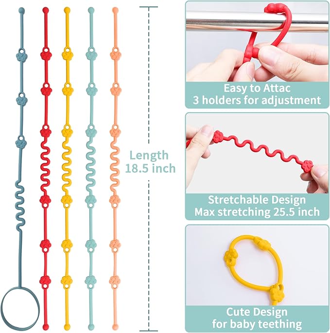 Toy Straps for Baby, Silicone Toy Straps for Stroller, Toy Safety Straps for Baby Toy, Sippy Cup Straps, Adjustable Toy Holder for Stroller, High Chair - BPA Free (Red Yellow Blue)