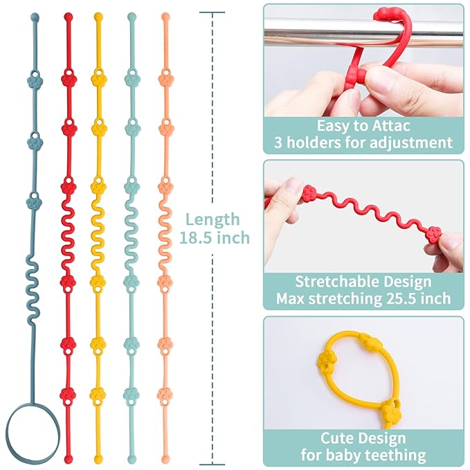 Silicone Toy Straps for Baby Stroller - 3 Pack Adjustable Toy Safety Straps for Baby Toys - Sippy Cup Straps for Strollers, High Chair, Cribs, Car Seat, Bags - BPA Free, Multi Colors