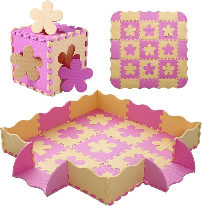 Tamiplay Foam Play Mat for Kids，25Pcs Square Interlocking Puzzle Floor Mat，Baby Play Mat Floor Mat Foam Puzzle Playmat for Toddlers with Fence（Pink Flower-CSH032