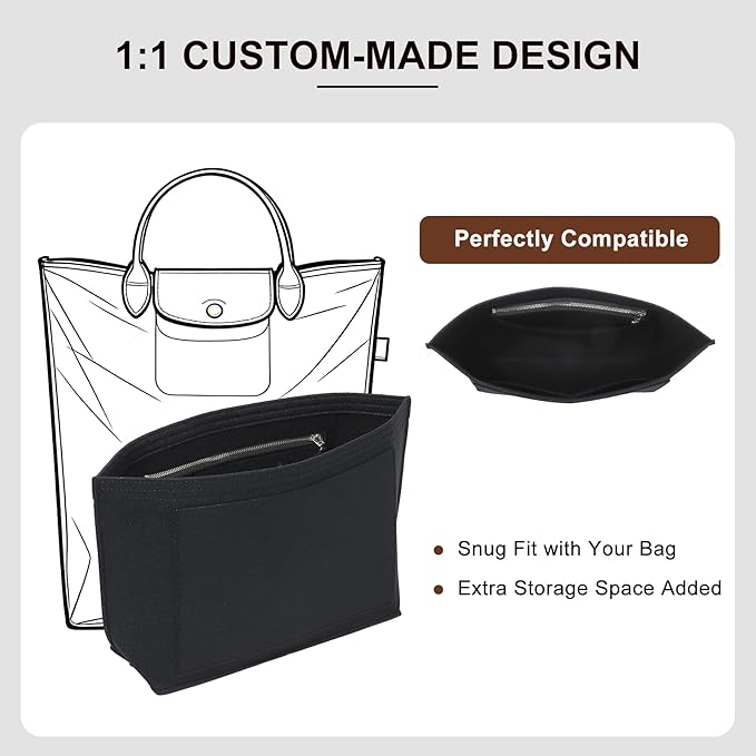 Premium Felt Purse Organizer Insert for Longchamp Le Pliage M Top Handle Tote Bag, Lighweight Long Champ Medium Tote Divider with Zipper Pocket,Bags Storage Shaper with 7 Pockets, Black/SM