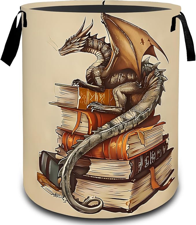 VODRM Vintage Dragon Book Fantasy Laundry Basket, Dirty Collapsible Clothes Toy Organizer Hamper for Kids Adults, Oxford Cloth Waterproof Storage Bin for Bathroom Mythical Decor Gifts, 19.7"X15.7"