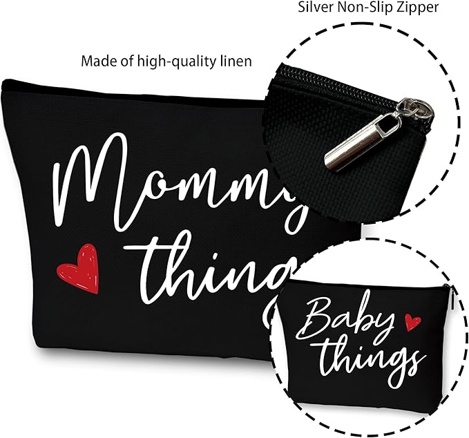 Mommy and Baby Matching Pouch Set, Mommy Things and Baby Things Bags, Gifts for New Moms Expecting Moms, Matching Travel Cases, Black Set of 2