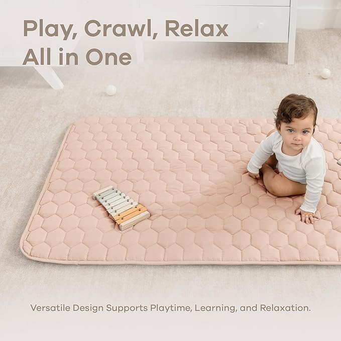 Comfy Cubs Rectangle Kids Play Mat - Small 36 x 60 inches Soft Quilted Baby Floor Mat with Non-Slip Bottom - Plush Design for Toddlers' Playtime - Comfortable and Durable - Blush