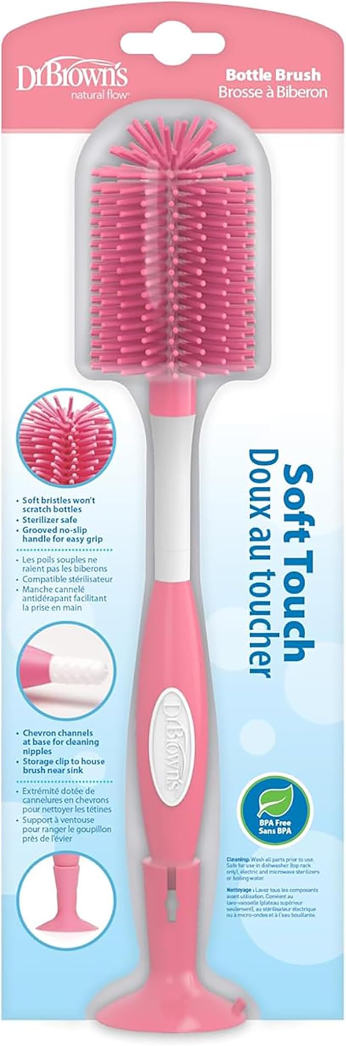 Dr. Brown's Soft Touch No Scratch Baby Bottle Cleaning Brush Nipple Cleaner with Stand and Storage Clip, BPA Free, Pink (Pack of 2)