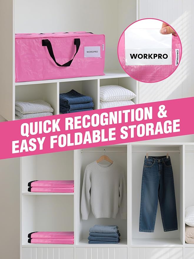 WORKPRO 2 Pack Extra Large Moving Bags with Zippers & Carrying Handles Backpack Straps, Heavy-Duty Storage Tote for Space Saving Moving Storage (Pink)