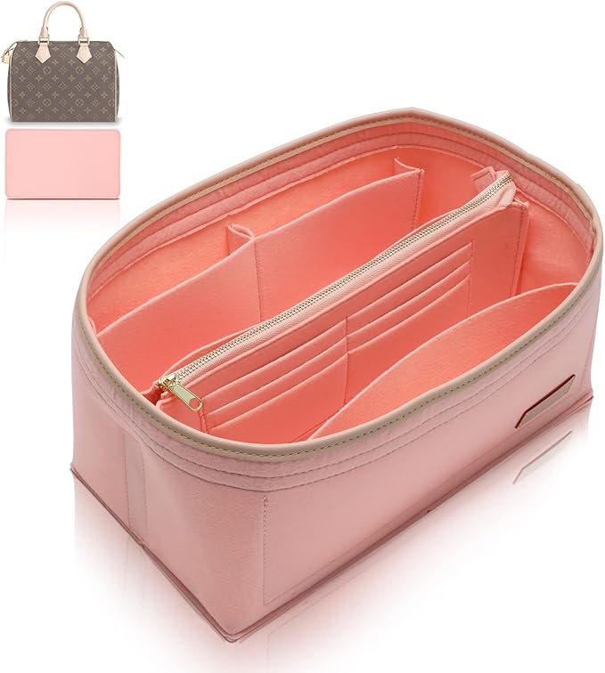 Purse Organizer Insert for Handbags, Fit Speedy 25 Neverfull Felt Tote Insert with Base Shaper Zipper Bag in Bag