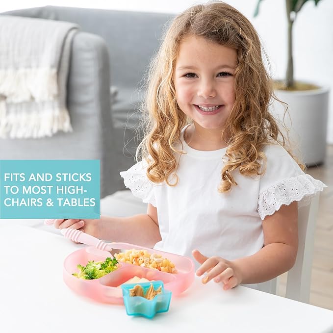 Bumkins Toddler and Baby Suction Plate, Silicone Divided Grip Dish for Babies and Kids, Baby Led Weaning, Children Feeding Supplies, Non Skid Sticky Bottom, Ages 6 Months Up, Pink Jelly