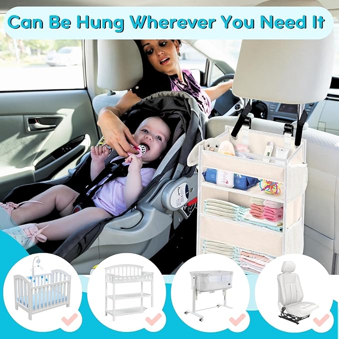 Ofiray-home Hanging Diaper Organizer for Changing Table,Cribs,Car,Playard or Wall & Nursery Organization - Spacious & Durable 2-Tier Diaper Organizer- Hold 90+ Diapers, Won't Deform, Beige