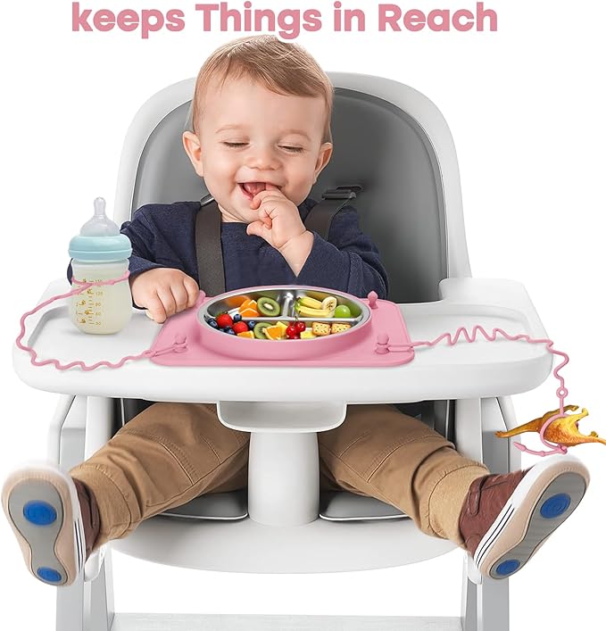 Baby Silicone Mat with Stainless Steel Divided Plate – Non-Slip Suction Base & 4 Straps to Secure Baby Essentials, BPA-Free Self Feeding Placemat for Infants Toddlers High Chair & Dining Table