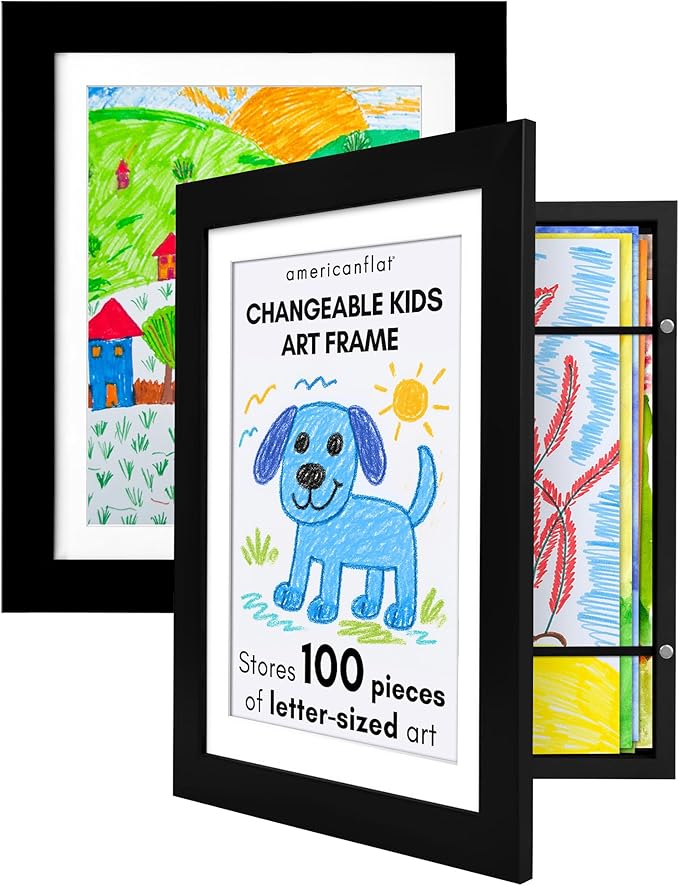 Americanflat - 2 Pack - Kids Artwork Frame Changeable (Black) - Magnetic Door Holds 100 Art Pieces - 8.5x11 Letter Size Display with Mat or 10x12.5 Without Mat - My Mini Masterpiece