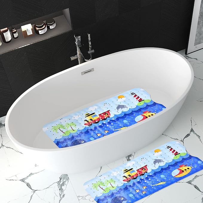 Tubozadi Bath Mat for Tub for Kids Non Slip Bathtub Mat for Baby Toddler Extra Long Bathroom Shower Mat with Suction Cups,Drain Holes,40X16 Inch,Ships