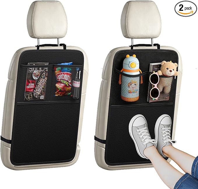 Car Back Seat Protector, 2-Pack Black Waterproof Kick Mats with Custom Storage Pockets, Universal Fit 600D Oxford Fabric Backseat Covers, X-Large Size with Zipper Storage Bag
