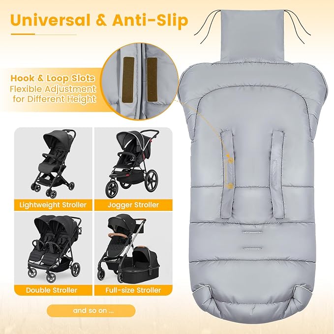 Orzbow Universal Footmuff for Baby, Winter Warm Stroller Bunting Bag, Waterproof Windproof Warm Coral Fleece Lined Toddler Sleeping Bag, Light Grey