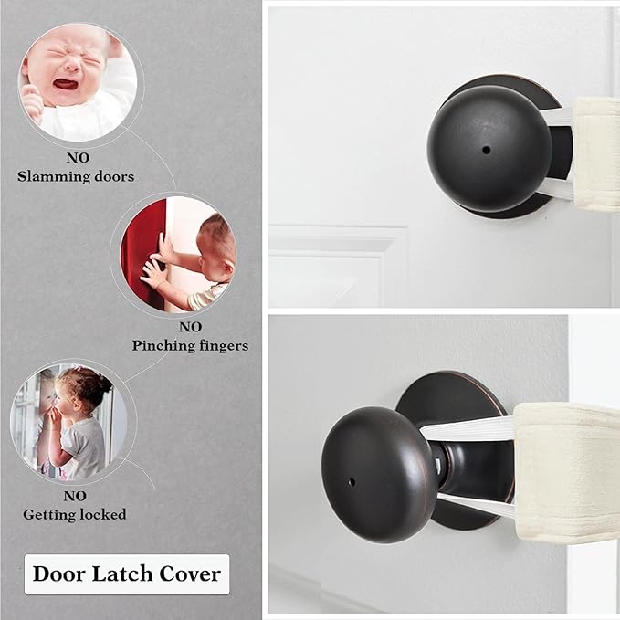 PONY DANCE Quiet Door Closer for Baby - Nursery Door Silencers Latch Cover Made by Fabric Solid Strong Elastic Straps Covers for Universal Fits, Ivory, Set of 3,W 4 x L 2 inches