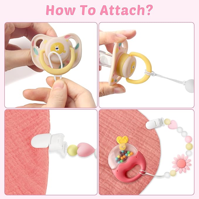 Silicone Pacifier Clip, 2 Pack Pacifier Holder for Boys and Girls, Adorable Sunflower Pacifier Strap Fits for Most Pacifier, Baby Teethers and Toy Straps (Light Pink&Pink)