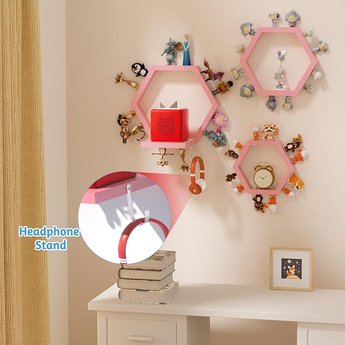 Hexagon Tonies Shelf Magnetic - Tonies Storage Shelf Set of 3 for Kid Room, Wooden Magnetic Display Shelf for TonieBox Holder, Wall Floating Shelves Toy Storage Compatible with Tony Accessories(Pink)