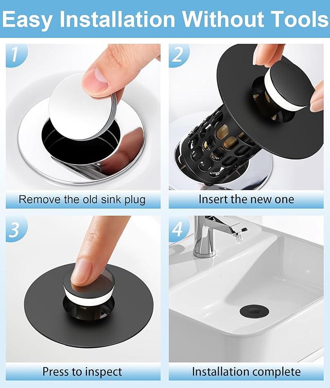 QYHNYJF Upgraded Bathroom Sink Stopper with Hair Catcher - Universal Pop-Up Drain Plug, Stainless Steel & Silicone Seal for 1.1-1.5 Inch Drains, Matte Black Finish (Matte Black)