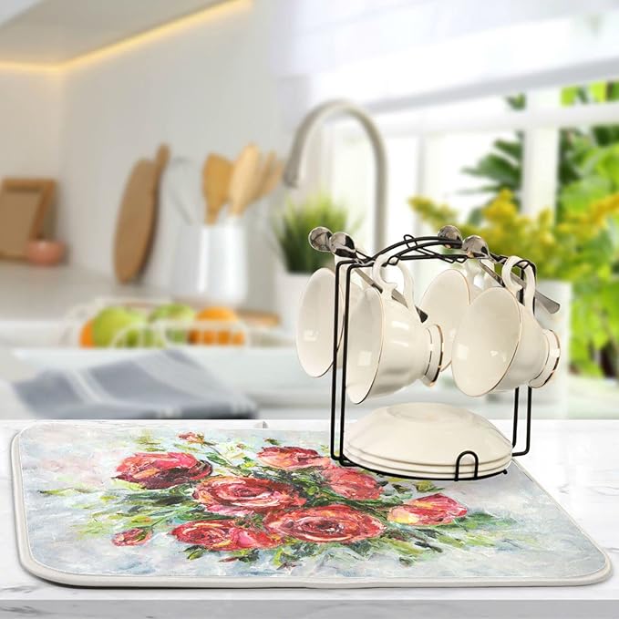 Absorbent Dish Drying Mat for Kitchen Counter - Red Rose Oil Painting Microfiber Drying Pad, Reversible Drainer Mats for Countertop, Small 16" x 18"