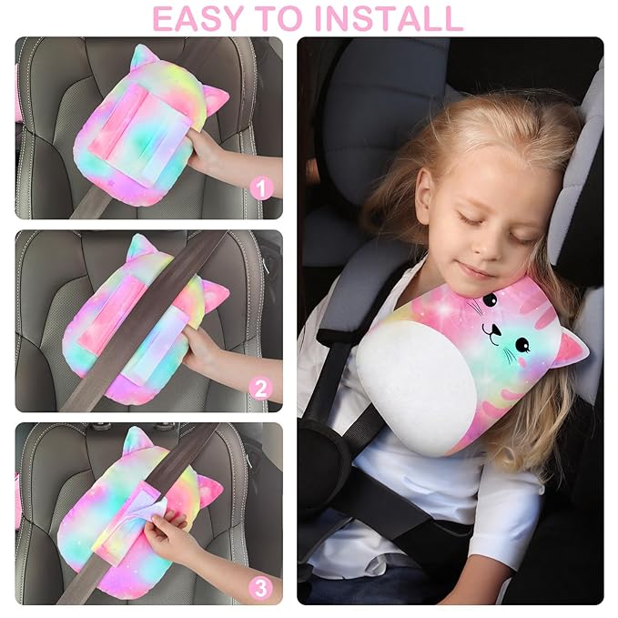 FIODAY Seatbelt Covers for Kids Car Seat Strap Pads Seat Belt Pillow Adjust Seat Belt Covers Seatbelt Cushion for Toddler Baby Boys Girls Travel Head Neck Shoulder Support, Pink Cat