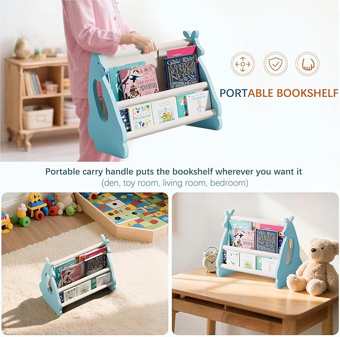 Lullulii Double Sided Kids Bookshelf – 2 Tier Portable Toddler Bookshelf, Book Shelf for Kids Rooms & Playroom, Cute Kangaroo Design Wooden Montessori Baby Bookshelf,Toddler Book Display Shelves,Blue
