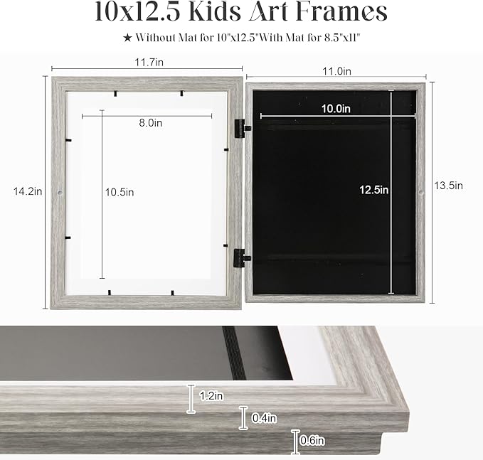 [2 Pack] Kids Art Frames, 10x12.5 Front Opening Kids Artwork Frames Changeable, Grey Wood Grain Artwork Display Storage Frame for Wall, Holds 50 Pcs, for 3D Picture, Crafts, Children Drawing, Hanging