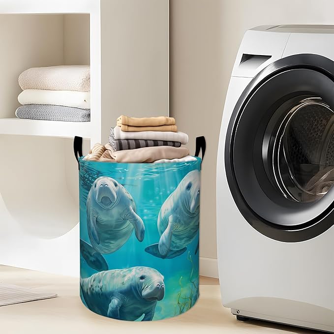 Gentle Manatees Swimming Underwater Laundry Basket with Handles, 19.7"x15.7" Clothes Foldable Laundry Hamper Organizer for Dorm Nursery Bedroom Bathroom Decor, Toy Storage Bin for Kids