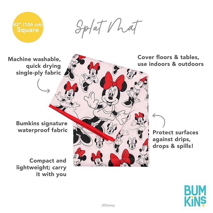Bumkins Disney Baby Splat Mat for Under High Chair, Babies Toddlers Eating Mess Mat, Waterproof Reusable Cloth for Arts and Crafts, Play Mat for Kids, Floor or Table, Fabric 42inx42in, Minnie Mouse