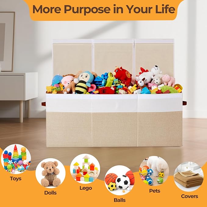 Uniency Extra Large Toy Box,150L Foldable Sturdy Toy Storage with Lid,40"x14"x16" Kids Storage Organizer, Toy Chest for Boys&Girls,for Living Room,Nursery,Bedroom,Playroom,Large Capacity Toybox(Beige)