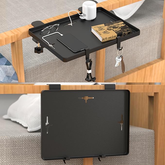 Bedside Shelf, Bedside Shelf for Dorm Bunk Bed, Clip On Nightstand Foldable, College Dorm Room Essential Bedside Tray with Magnetic Mat and Cable Management for Dormitory Black