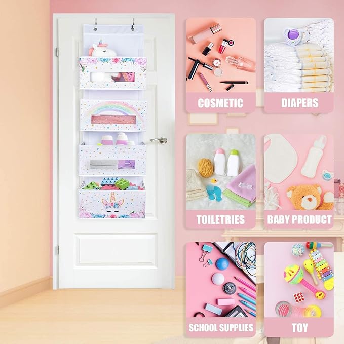 WERNNSAI Unicorn Over Door Hanging Organizer - Behind Door Hanging Storage with 4 Clear Window Pockets for Baby Girls Room Organization Gifts Toy Diaper Pantry Closet Bedroom Bathroom Nursery Decor