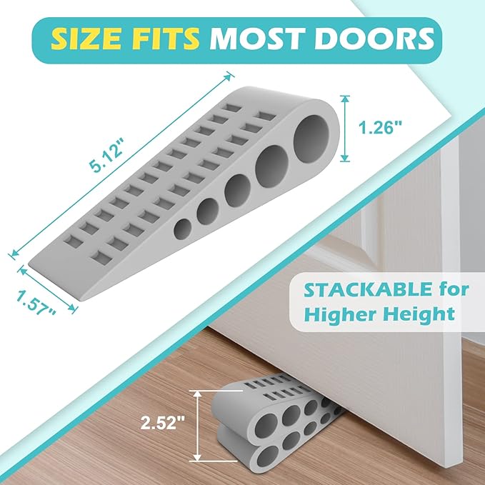 Door Stoppers for Bottom of Door - 6 Pack Rubber Security Wedge Stackable Heavy Duty Door Stop with Holder for Home Office Classroom on Carpet, Concrete, Linoleum & Wood House Warming Gifts New Home