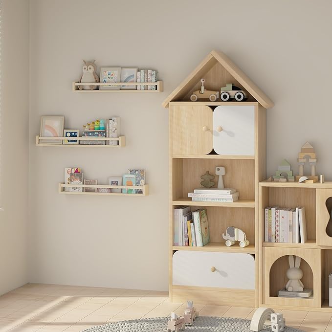 Heimlove Nursery Floating Shelves, Solid Wood Nursery Book Shelves for Wall, 32 inch Bookshelf for Kids, Wall Mounted Shelves for Books, Toys and Decor Storage, Set of 3