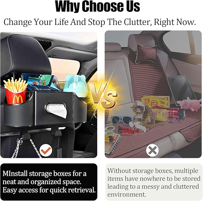 Back Seat Car Organizer,4 in 1 Multifunctional Car Back Seat Storage Box with Drink Cup Holder Tissue Box, for Hold Phone,Snacks, Drinks, Handbag-Black