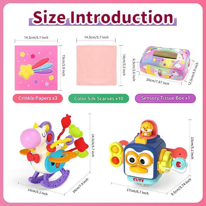 usrela 3 in1 Baby Toys 12 to 18 Months - Busy Board Sensory Toys, Tissue Box Toy, Pull String Teether, Learning Toy for Babies, Infant Gifts for 12 18 Months Old