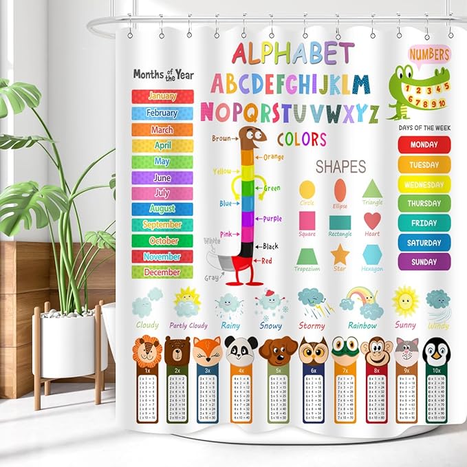 Kids Educational Shower Curtain ABC Learning Tool Funny Cartoon Animals Colors Shapes Weathers Multiplication Table Girls Boys Colorful Decor Waterproof Fabric 72Lx60W Inch with Hooks